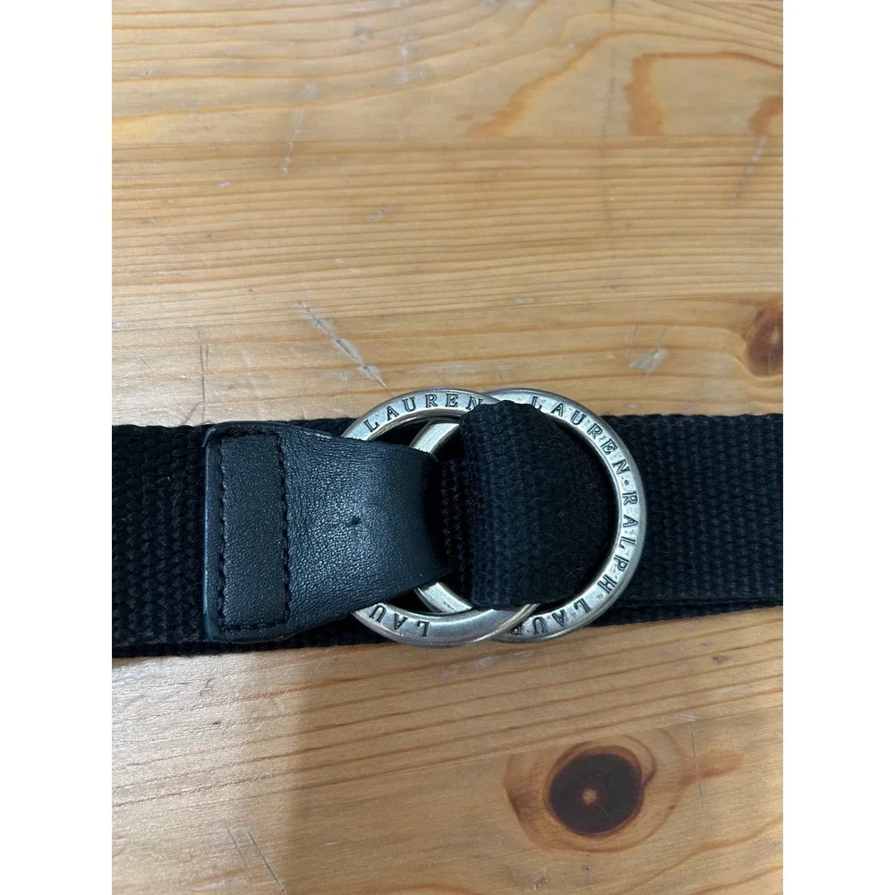 Lauren Ralph Lauren Black Webbed O Ring Belt Silver Tone Classic Lux37.5 Inch